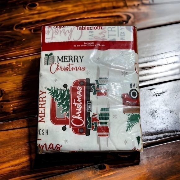 Merry Christmas Red Pickup Truck Table Cloth NWT Holiday Rectangle 52x70 - Picture 1 of 4